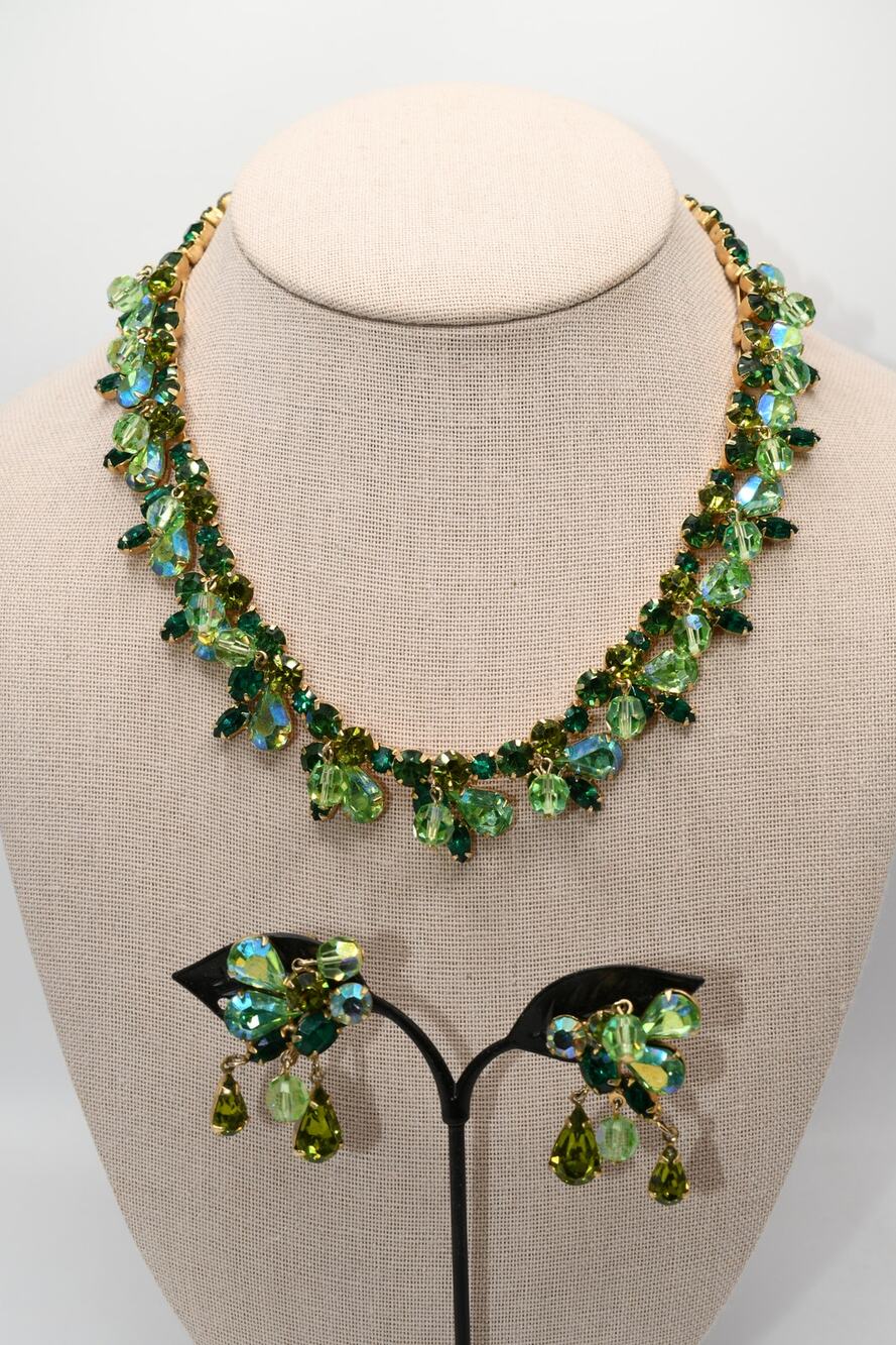 Vintage Kramer Green Rhinestone Necklace Earring Set Gold Tone AB Dangles